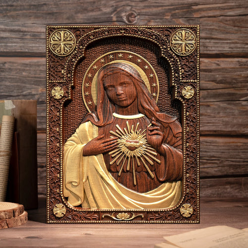 Escultura em Madeira da Virgem Maria - Coração Sagrado
