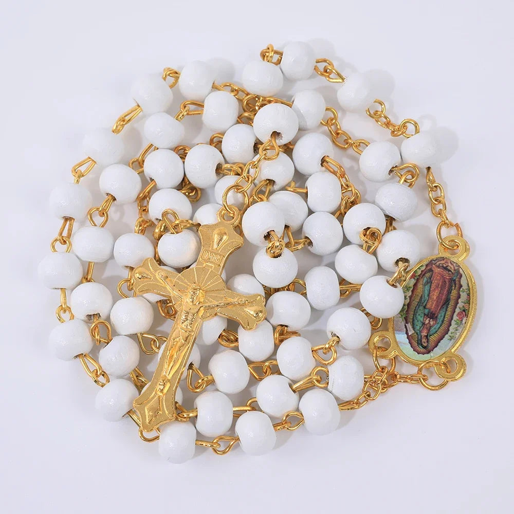 Colar de Rosário de Madeira para Mulheres e Homens, Pingente Religioso Virgem Maria Cruz, Cadeia de Contas Longas, Oração Católica, Jóias Festas, 6mm