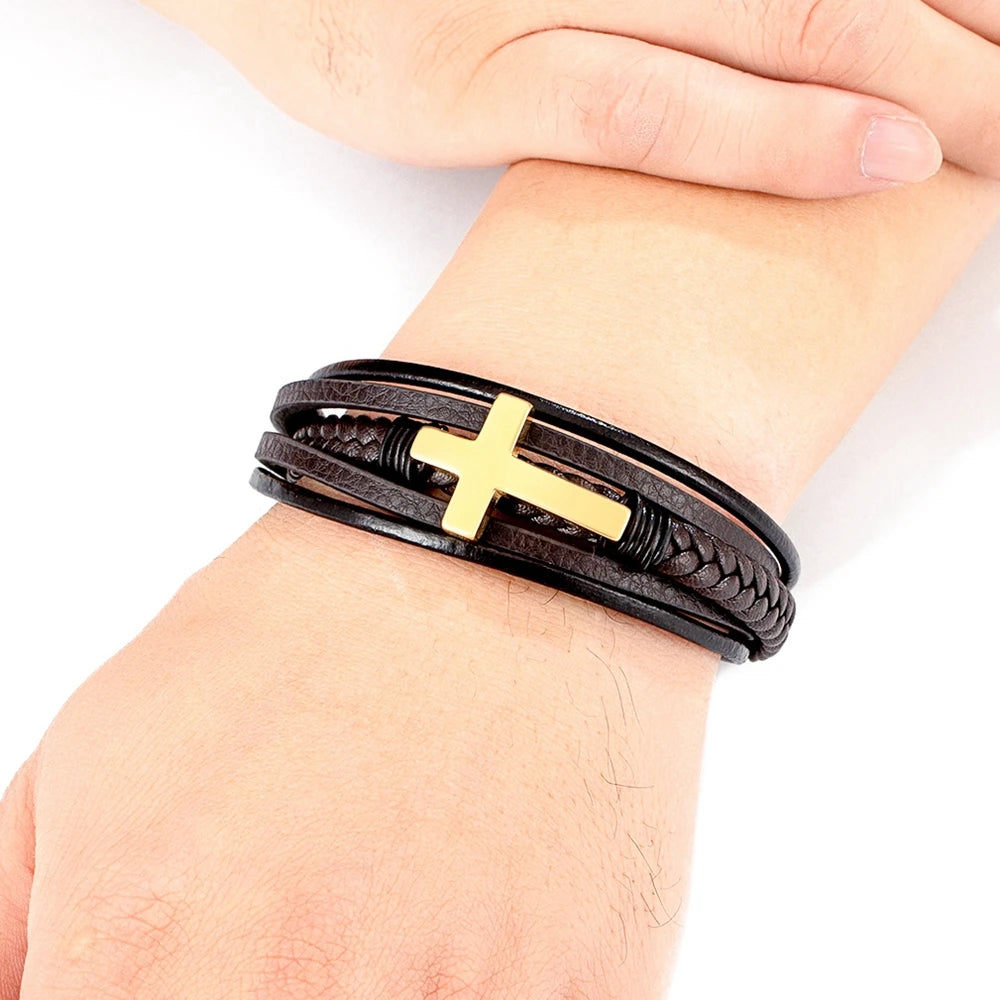 Pulseira Masculina de Couro com Cruz Sagrado Estilo