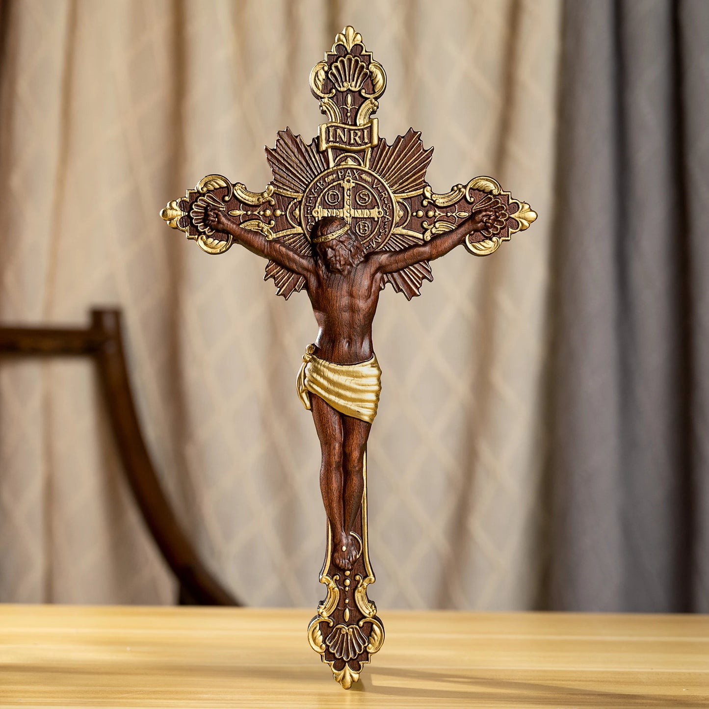 Escultura em madeira de cruz de exorcismo de São Bento, oração de altar católico, cruz de madeira, artesanato de decoração sagrada, presente religioso
