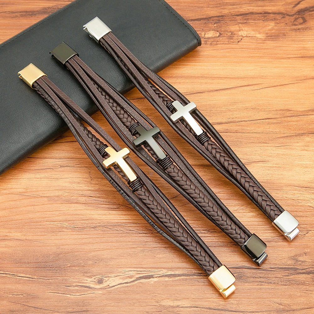 Pulseira Masculina de Couro com Cruz Sagrado Estilo