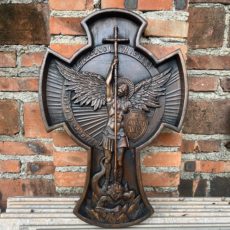 São Miguel Arcanjo Cruz Estátua Padroeiro Santo, Figura Religiosa, Home Decoração Da Parede, Presente Cristão De Madeira