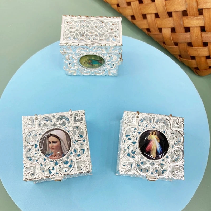 Caixa rosário com miçangas, colar metal, caixa joias religiosas católicas cristãs, armazenamento