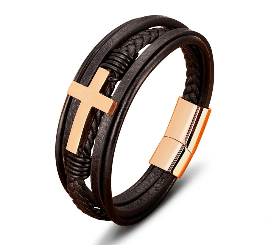 Pulseira Masculina de Couro com Cruz Sagrado Estilo