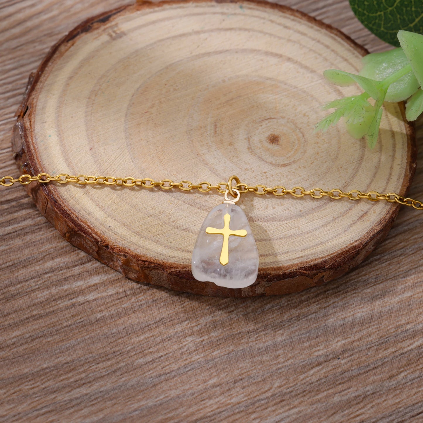 Colar Cruz de Pedra Natural em Aço Inoxidável
