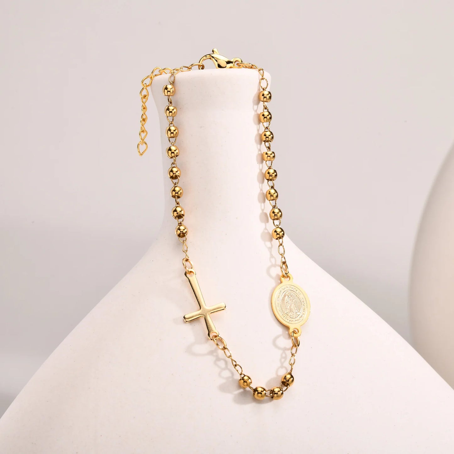 Vnox personalidade virgem maria moeda encantos pulseiras para homens mulheres, pequenas beas pulseira frisada, unissex cristo fé batismo presente