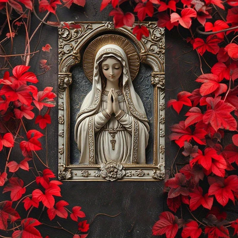 Placa Decorativa Virgem Maria Branco e Dourado