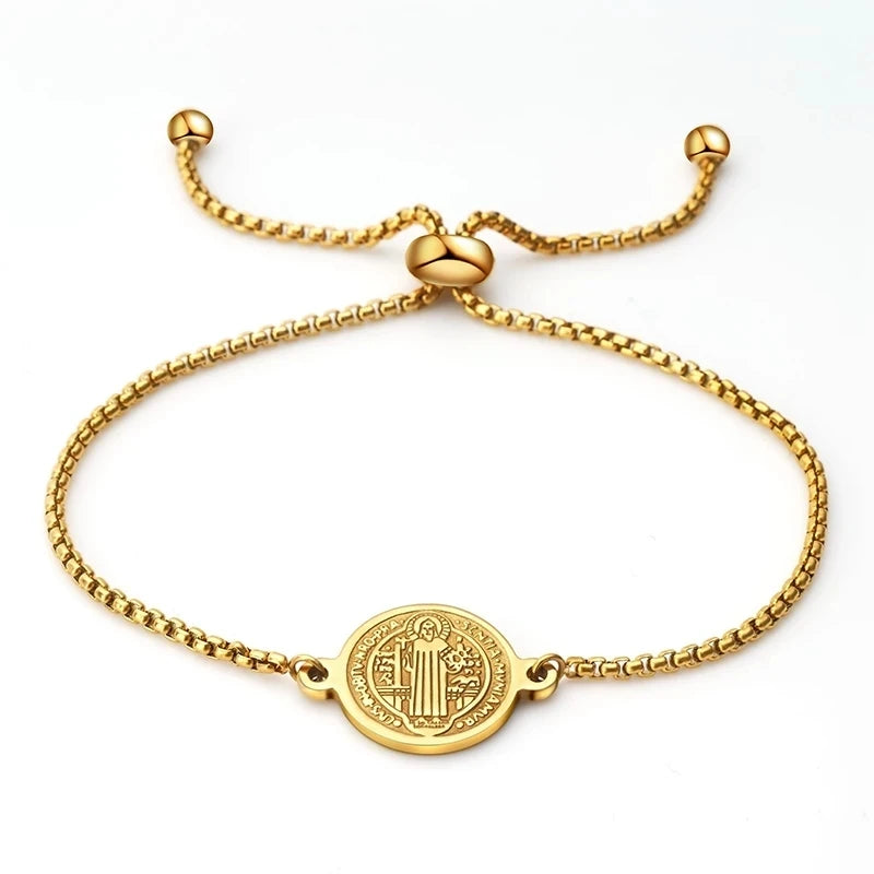 Pulseira Medalha São Bento em Aço Inoxidável Ajustável