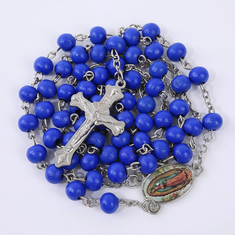 Colar de Rosário de Madeira para Mulheres e Homens, Pingente Religioso Virgem Maria Cruz, Cadeia de Contas Longas, Oração Católica, Jóias Festas, 6mm