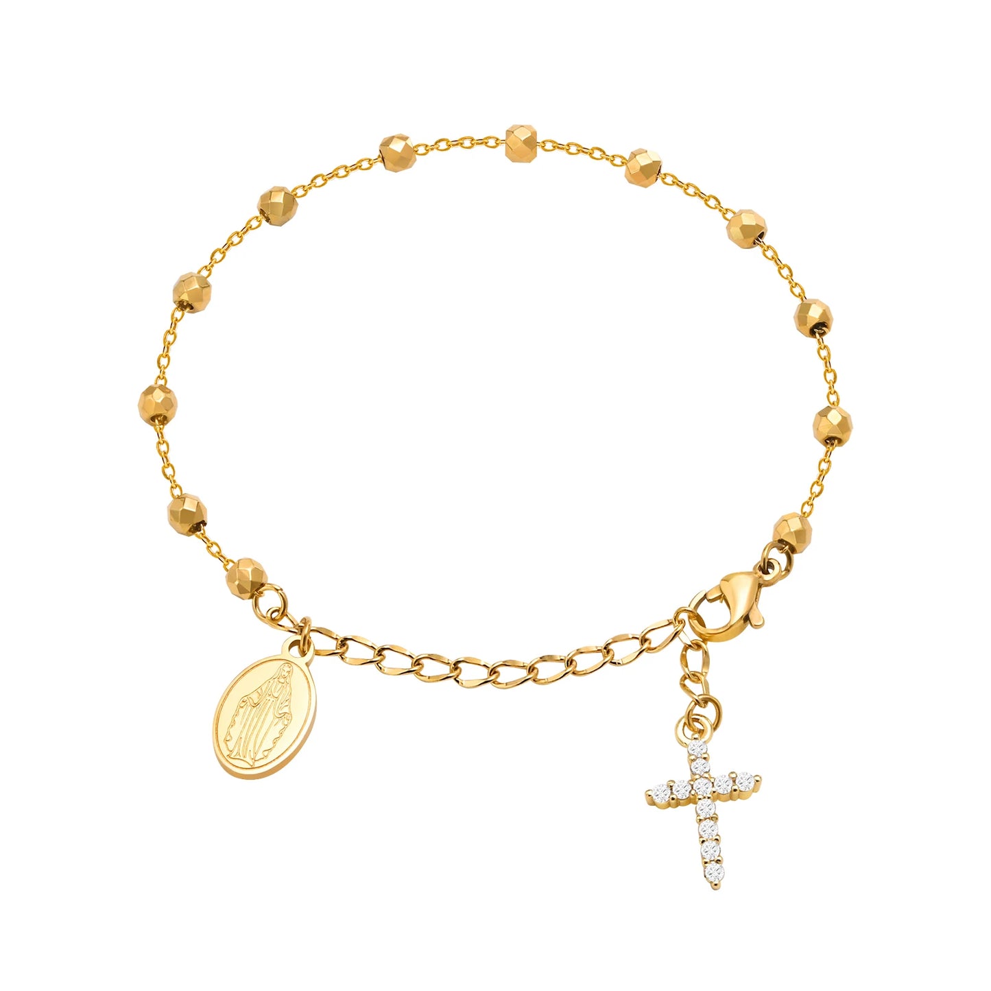 Pulseira de rosário de cruz de zircônia cúbica para mulheres, elo ajustável de maria de aço inoxidável, presente de joia religiosa