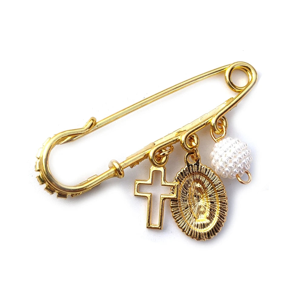 Broche de Roupa com Pingente de Guadalupe e Cruz
