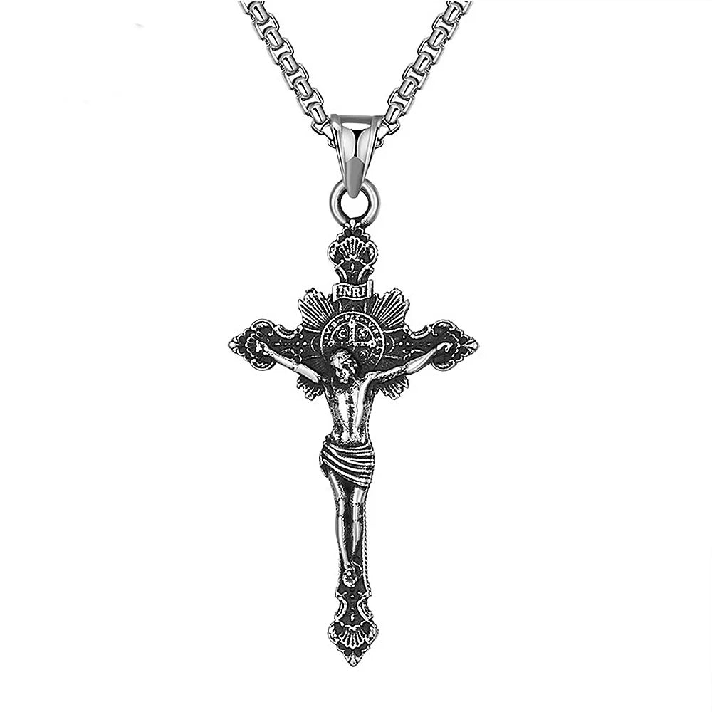Colar Masculino Vintage Cruz de São Bento em Aço Inoxidável 316L