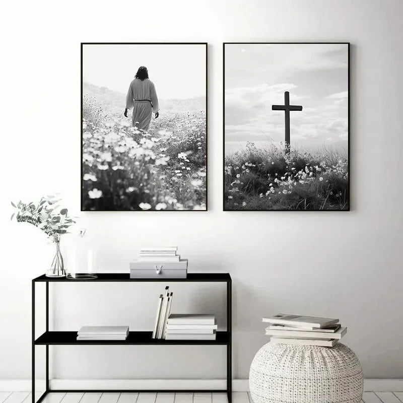 Preto e branco jesus fé cruz na colina cartaz impressão pintura em tela moderna religiosa arte da parede imagem para sala decoração casa