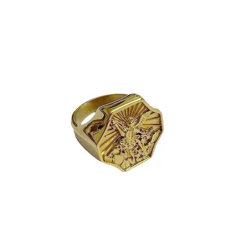 Anel Masculino Octogonal Arcanjo São Miguel em Aço Inoxidável e Titânio