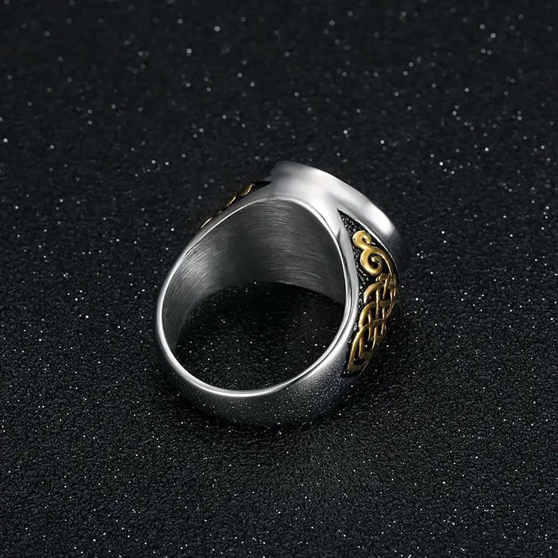Anel Masculino São Jorge em Aço Inoxidável 316L Prata e Dourado
