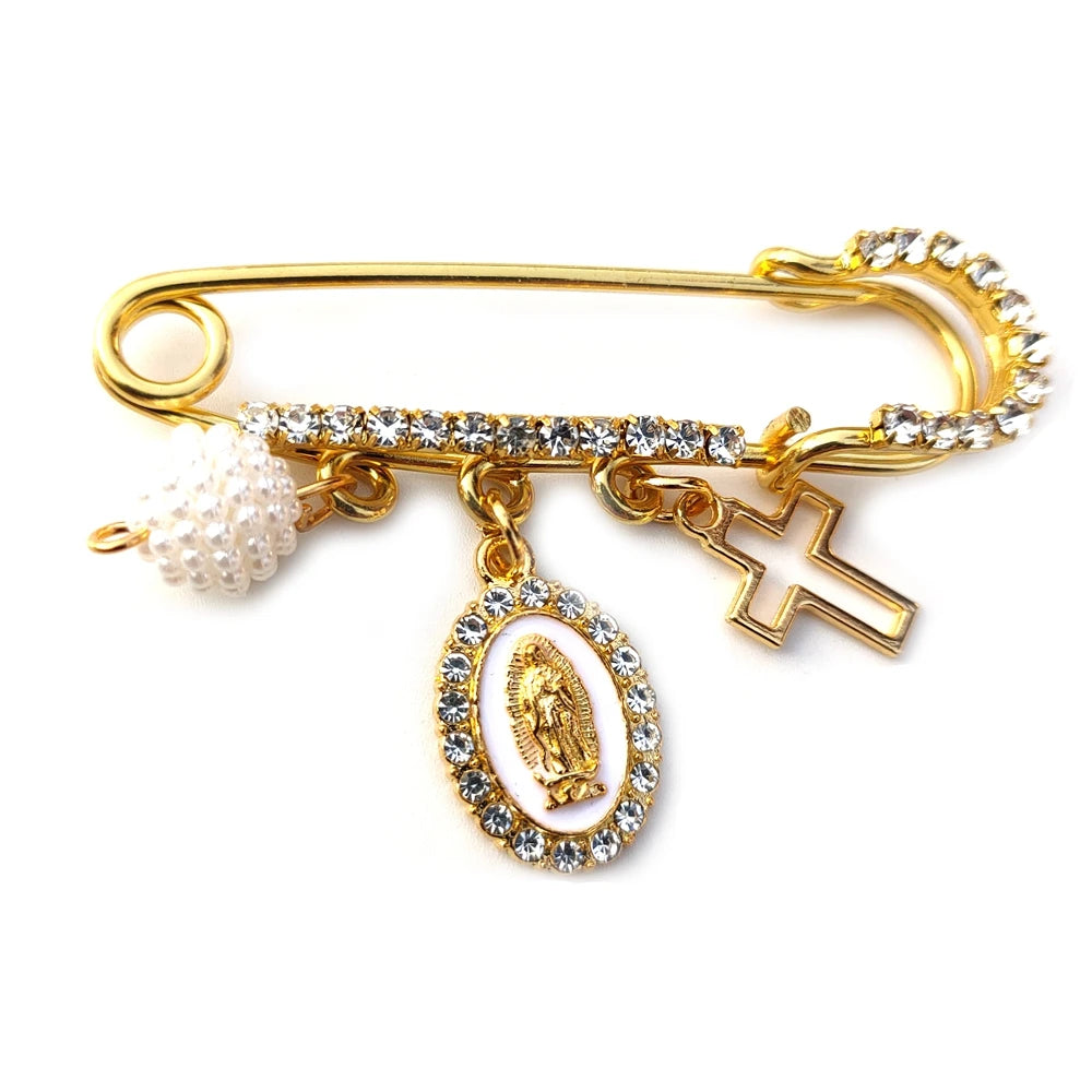 Broche de Roupa com Pingente de Guadalupe e Cruz
