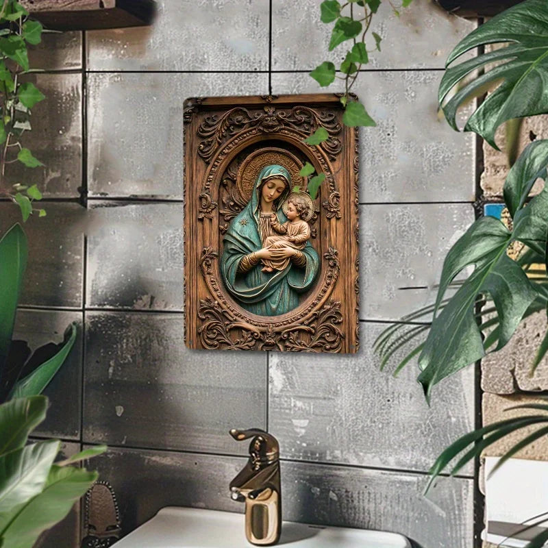Placa Decorativa de Maria e Jesus com Acabamento Texturizado Premium