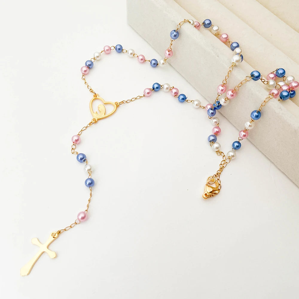 Aço inoxidável Y Forma Beads Cadeia para Mulheres, Cor do Ouro, Virgem Maria, Cruz, Rosário, Colar Longo, Jóias das Meninas, Spiriti Pray