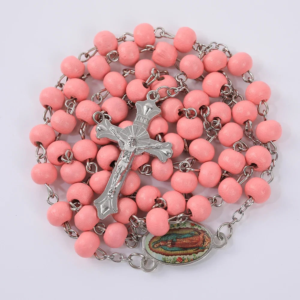 Colar de Rosário de Madeira para Mulheres e Homens, Pingente Religioso Virgem Maria Cruz, Cadeia de Contas Longas, Oração Católica, Jóias Festas, 6mm