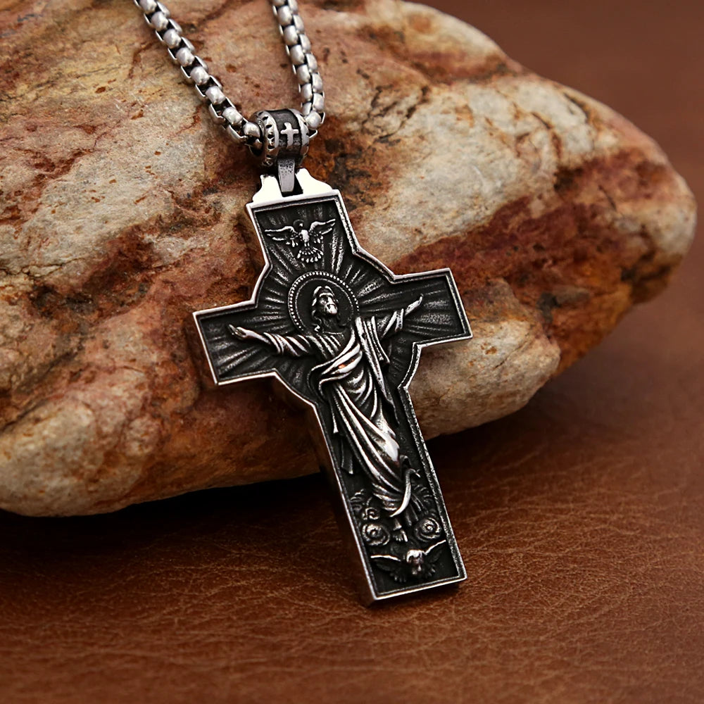 Colar Masculino Cruz Jesus Subindo aos Céus em Aço Inoxidável