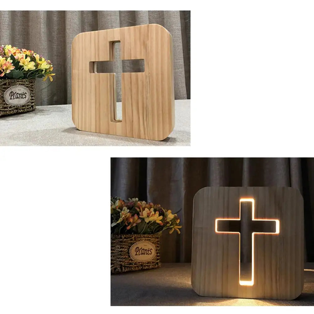 Luminária de Mesa Cruz 3D em Madeira com LED USB