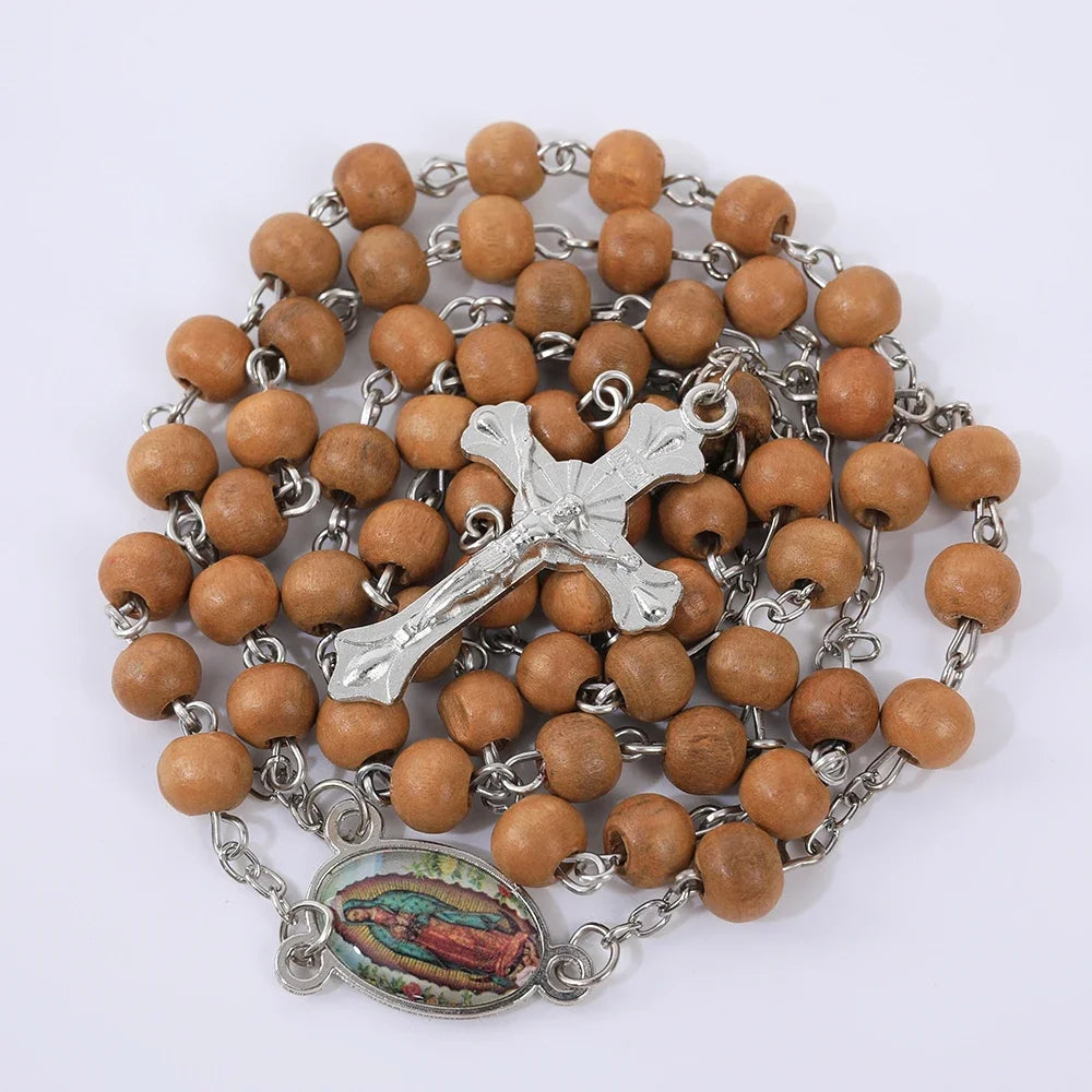 Colar de Rosário de Madeira para Mulheres e Homens, Pingente Religioso Virgem Maria Cruz, Cadeia de Contas Longas, Oração Católica, Jóias Festas, 6mm