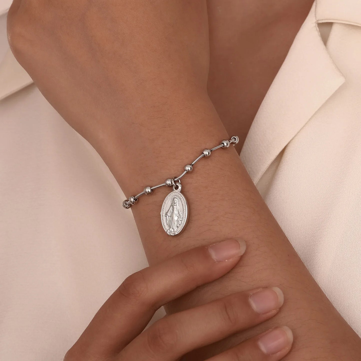 Vnox-Pulseira de Rosário Banhado a Ouro para Mulheres e Meninas, Aço Inoxidável, Cruz Religiosa, Virgem Maria, Pulseiras de Oração, Presentes