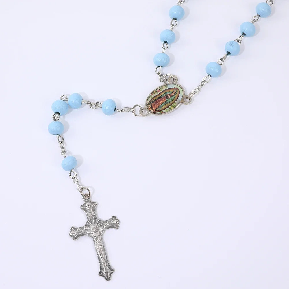 Colar de Rosário de Madeira para Mulheres e Homens, Pingente Religioso Virgem Maria Cruz, Cadeia de Contas Longas, Oração Católica, Jóias Festas, 6mm