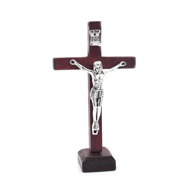 De madeira Jesus Católica Cruz com Suporte, Vintage religioso cristão crucifixo, Igreja Home Shelf, Enfeites de mesa, 1Pc