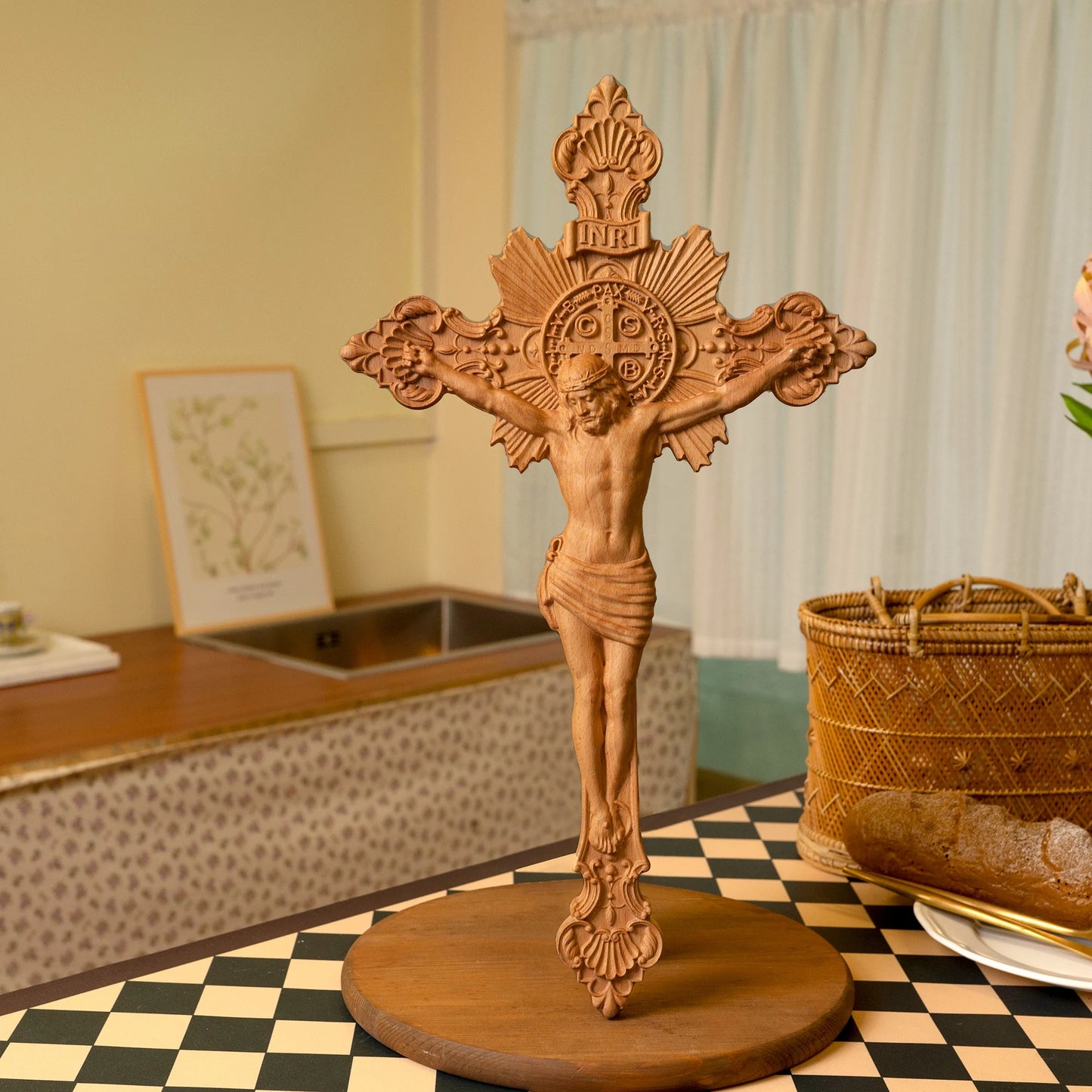 Escultura em madeira de cruz de exorcismo de São Bento, oração de altar católico, cruz de madeira, artesanato de decoração sagrada, presente religioso