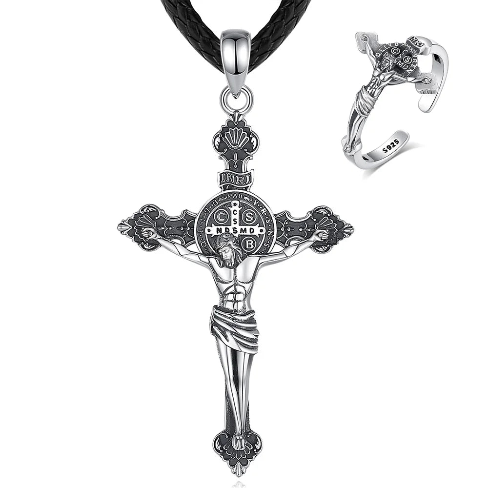 Conjunto Anel e Colar Cruz de São Bento em Prata 925