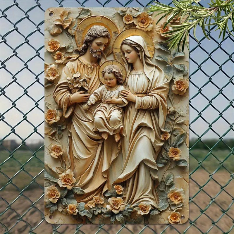 Placa Decorativa Sagrada Família em Tons Alaranjados