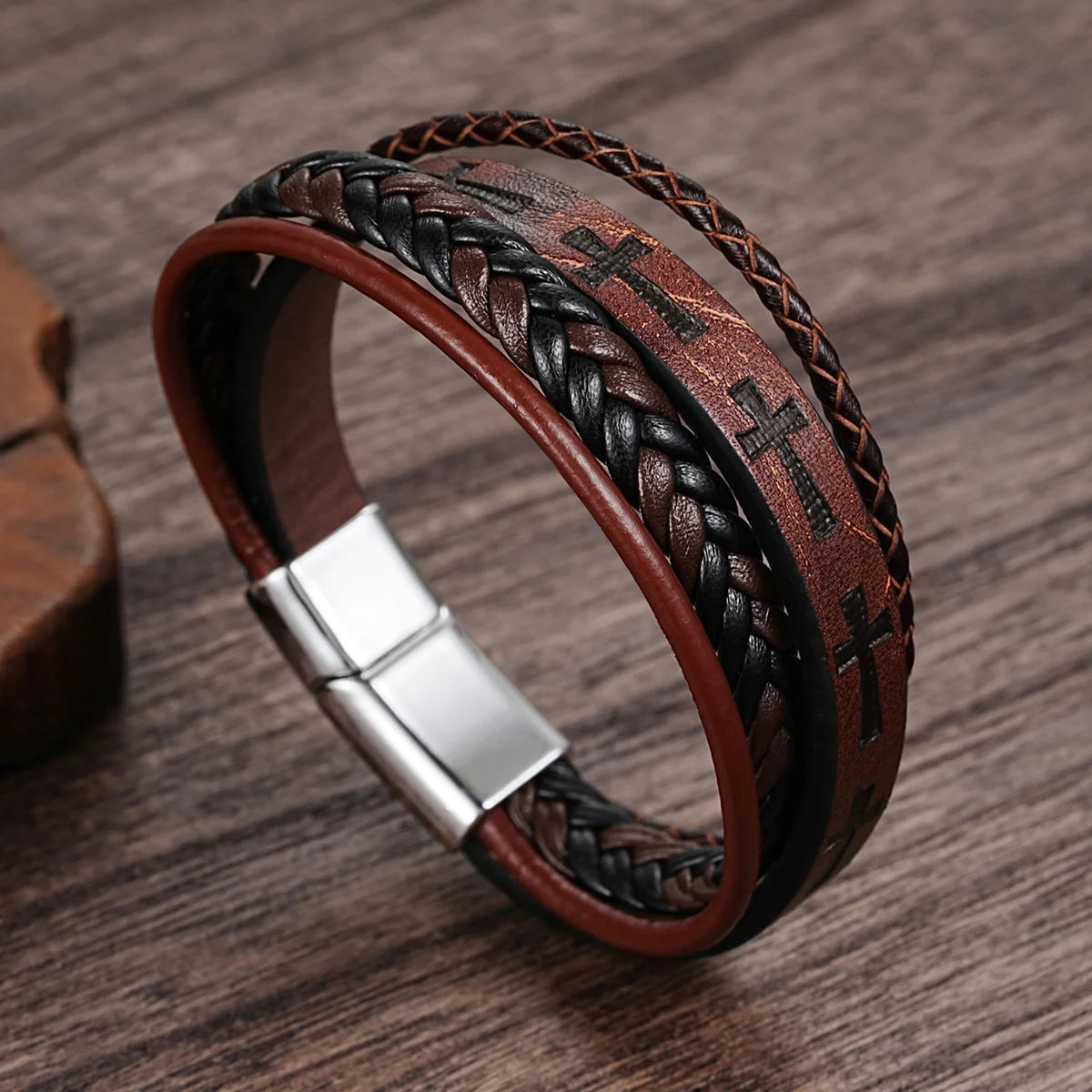 Pulseira Cruz de Couro Vintage Masculina