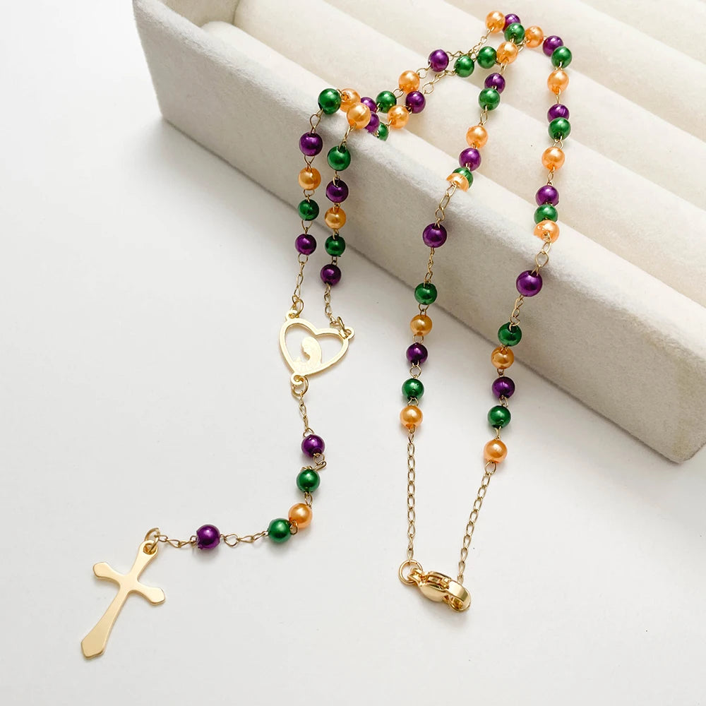 Aço inoxidável Y Forma Beads Cadeia para Mulheres, Cor do Ouro, Virgem Maria, Cruz, Rosário, Colar Longo, Jóias das Meninas, Spiriti Pray