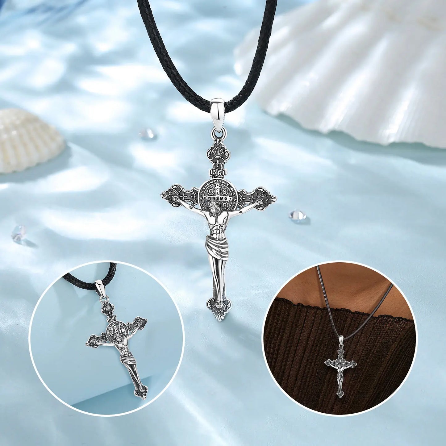 Conjunto Anel e Colar Cruz de São Bento em Prata 925