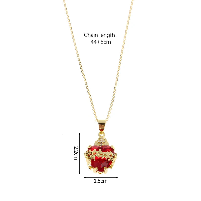 Colar Feminino Sagrado Coração de Jesus com Zircão Vermelho