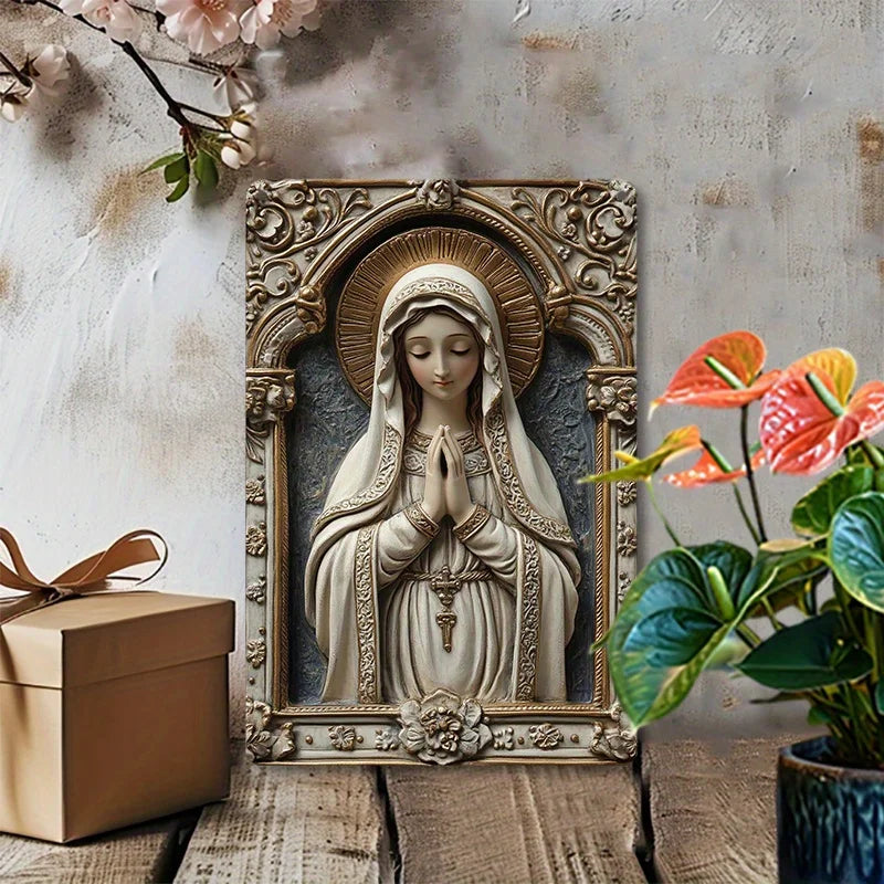 Placa Decorativa Virgem Maria Branco e Dourado