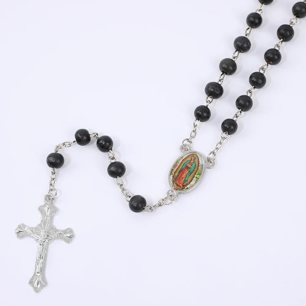 Colar de Rosário de Madeira para Mulheres e Homens, Pingente Religioso Virgem Maria Cruz, Cadeia de Contas Longas, Oração Católica, Jóias Festas, 6mm