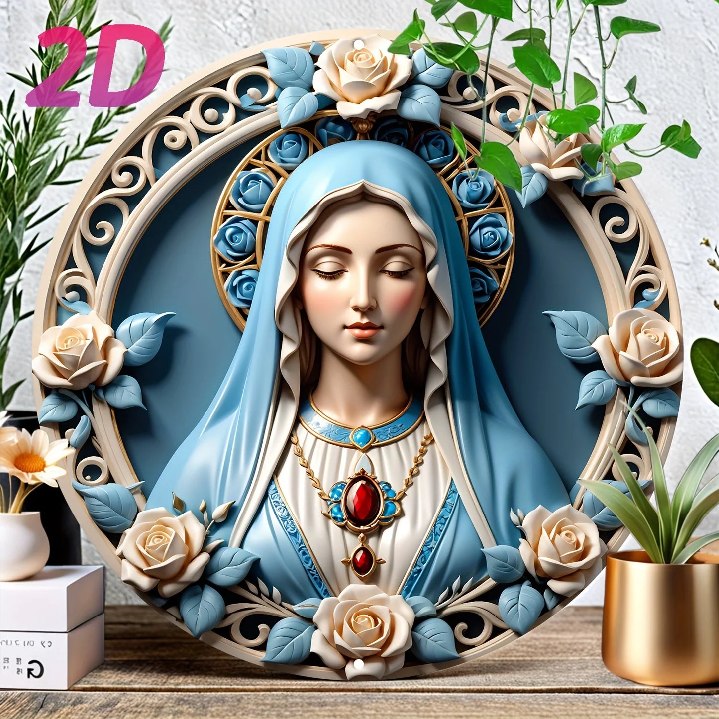 Arte de Parede Circular Virgem Maria 2D em Alumínio