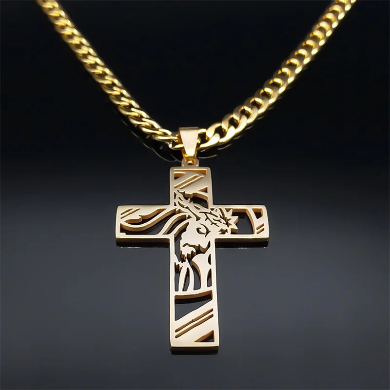 Colar Crucifixo Jesus em Aço Inoxidável Banhado a Ouro