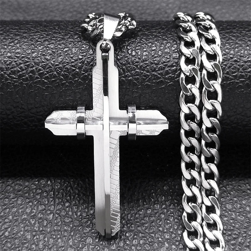 Colar cruzado longo para homens e mulheres, colares cristãos banhados a ouro, joias motociclistas, aço inoxidável masculino, N2341S03