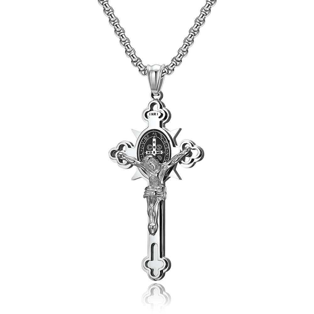 Colar Masculino com Cruz de São Bento em Aço Inoxidável 316L