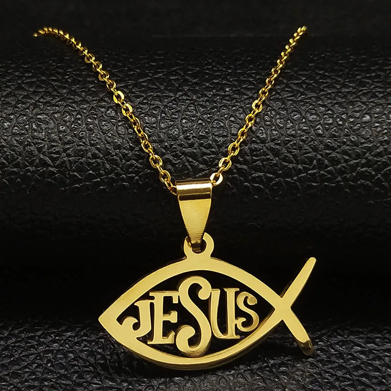 Peixe jesus colar de aço inoxidável ichthys cristão colares pingentes jóias joyas de acero inoxidável para mujer n1487