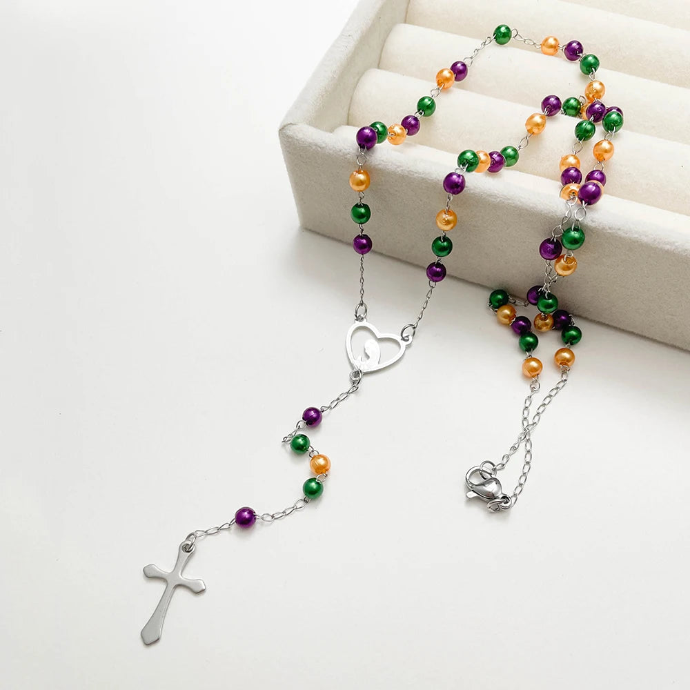 Aço inoxidável Y Forma Beads Cadeia para Mulheres, Cor do Ouro, Virgem Maria, Cruz, Rosário, Colar Longo, Jóias das Meninas, Spiriti Pray