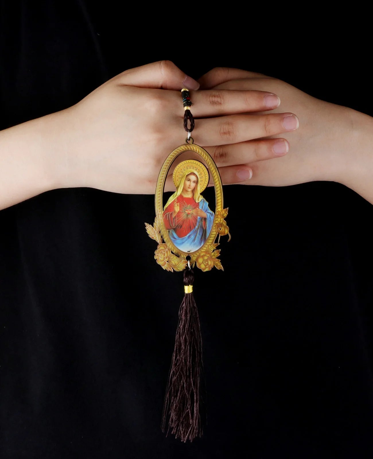Cristão Imaculado Coração Abençoado Pingente, Virgem Maria De Madeira, Franja De Borla, Carro Pendurado Ornamento, Acessórios De Jóias