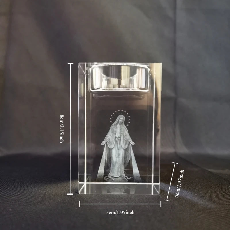 Castiçal de Cristal com Imagem de Jesus e Maria Gravado a Laser