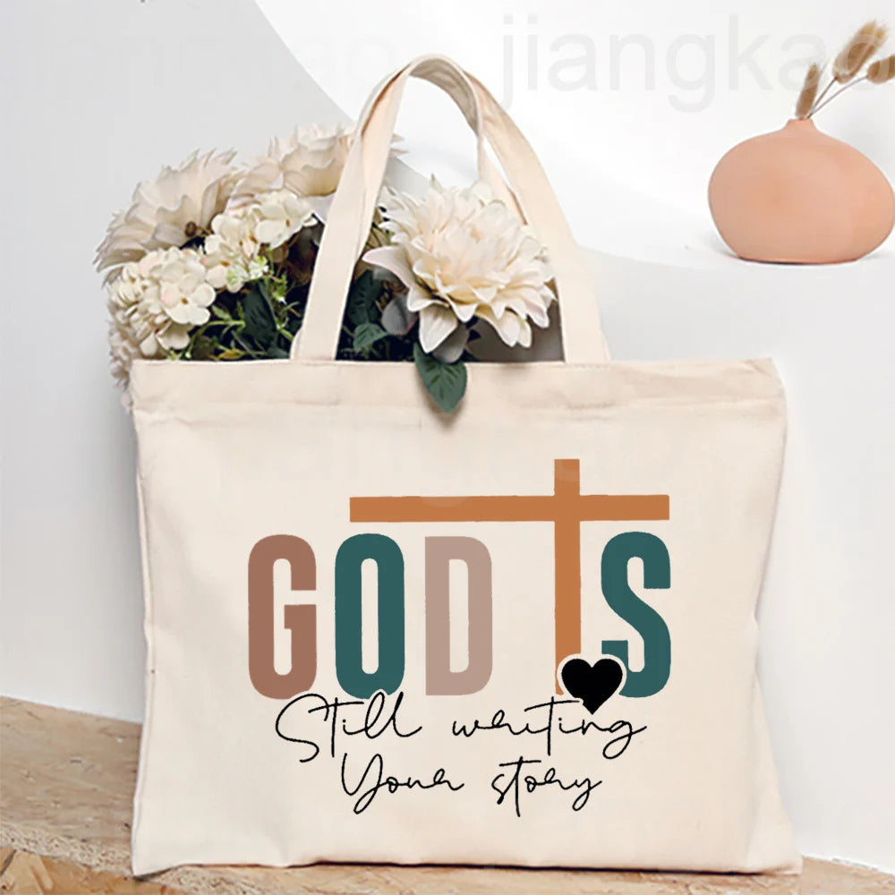 Bolsa Feminina de Lona com Estampa Cristã e Zíper