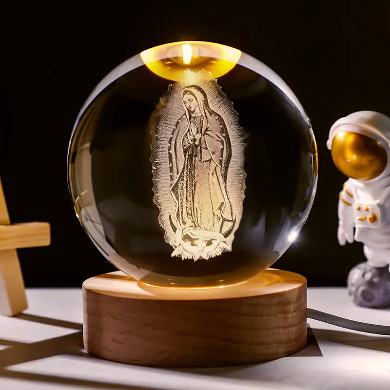 Luminária de Cristal 3D com Base de Madeira LED