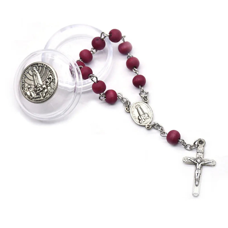 Pulseira Dezena com Contas de Madeira Vermelha Nossa Senhora de Fátima