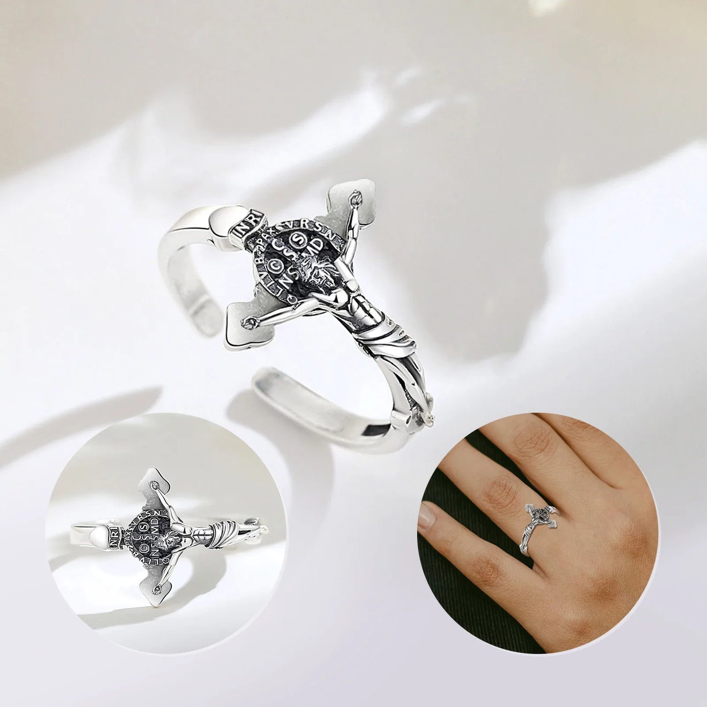 Conjunto Anel e Colar Cruz de São Bento em Prata 925